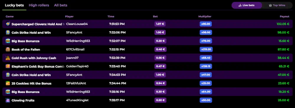 Classificação de vencedores ao vivo da Spinmama e exibição de apostas recentes sortudas